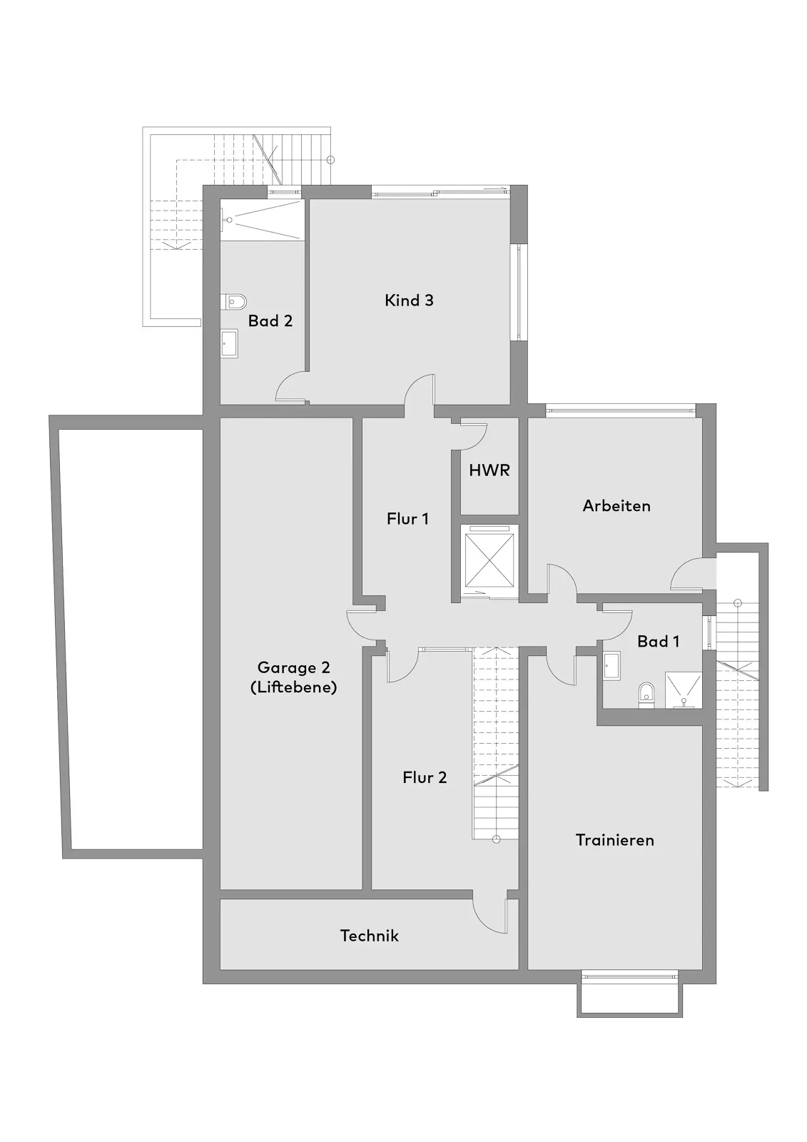 Grundriss einer Etage mit Garage, Hauswirtschaftsräumen, einem Badezimmer, einem Arbeitszimmer, einem Fitnessraum und einem Kinderzimmer.