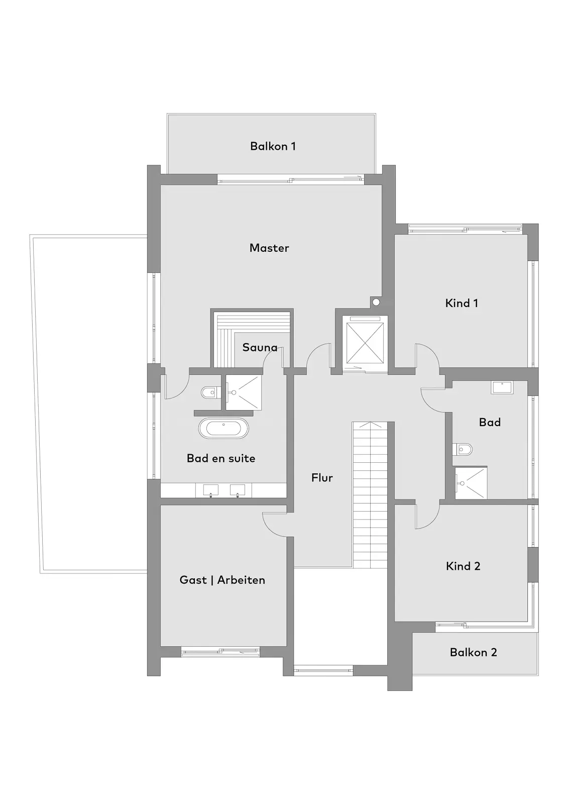 Grundriss einer Wohnung mit einem Hauptschlafzimmer mit Sauna, zwei Kinderzimmern, einem Gästezimmer, zwei Badezimmern, einem Flur und zwei Balkonen.