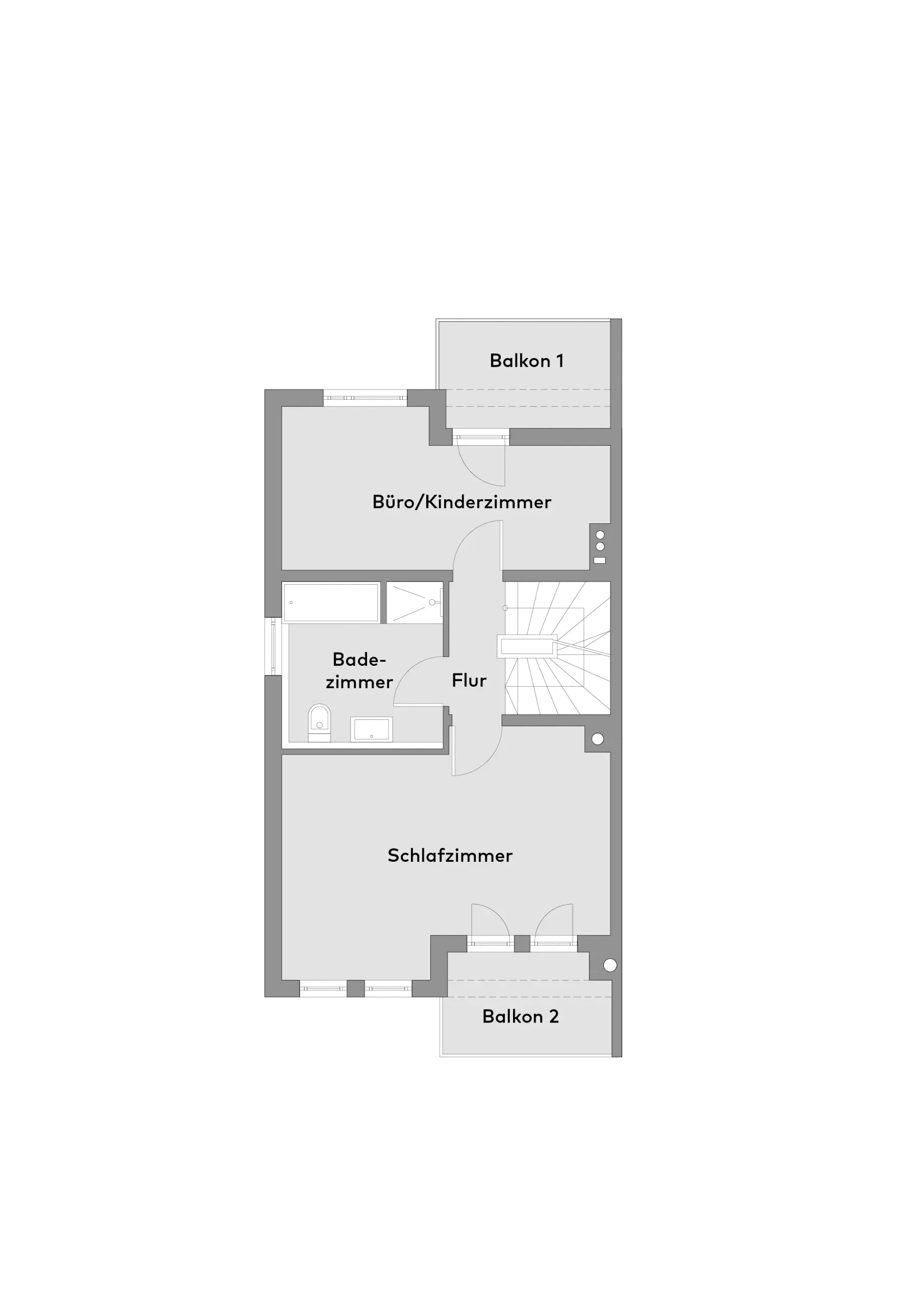 Der Grundriss zeigt ein Büro/Kinderzimmer mit Balkon, ein Badezimmer, einen Flur und ein Schlafzimmer mit einem separaten Balkon. Die Beschriftung ist auf Deutsch.