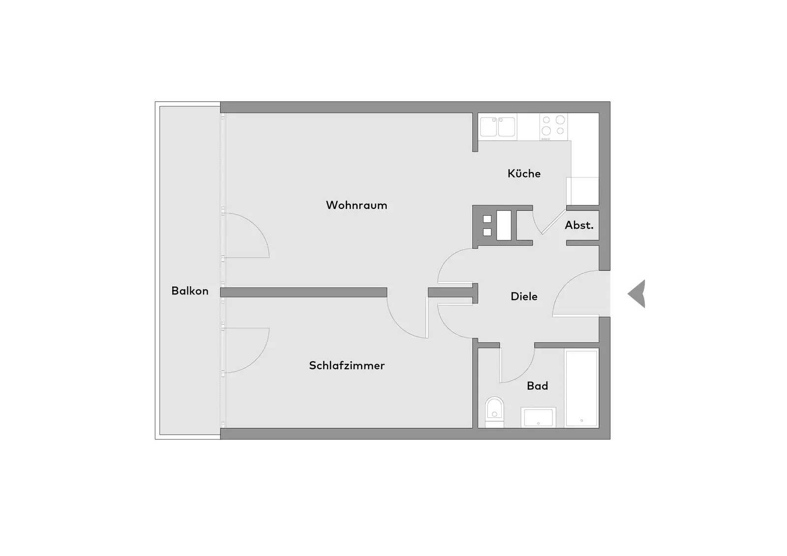Grundriss einer Ein-Zimmer-Wohnung mit Wohnzimmer, Küche, Bad, Flur, Abstellraum und Balkon. Die Beschriftung ist auf Deutsch.