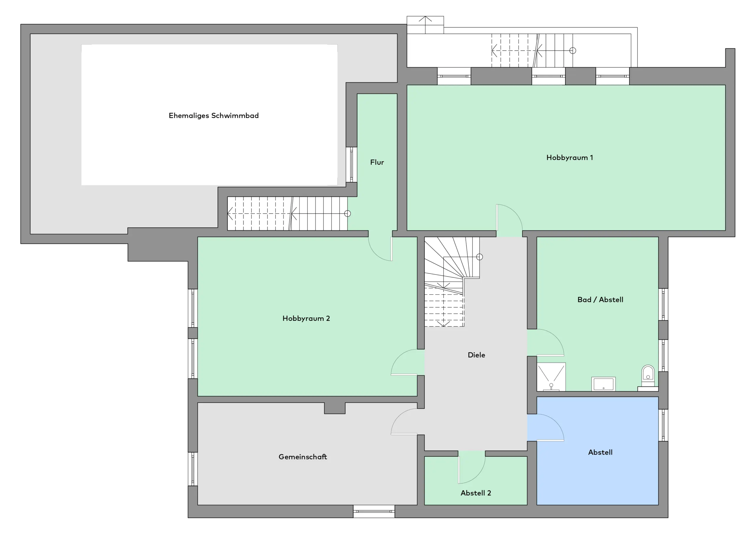 Grundriss eines Kellergeschosses mit beschrifteten Räumen: ehemaliges Schwimmbad, Flur, zwei Hobbyräume, Diele, zwei Abstellräume, Bad/Abstellraum und Gemeinschaftsraum.