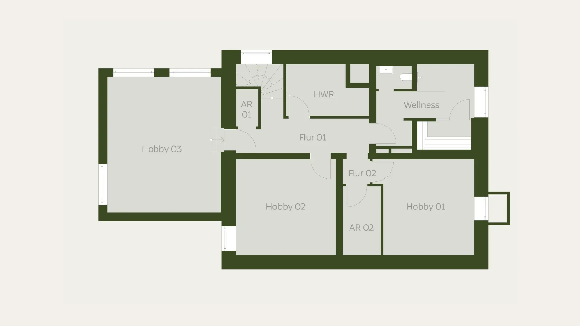 Grundriss mit den Raumbezeichnungen: Hobby 01, Hobby 02, Hobby 03, HWR, Wellness, AR 01, AR 02 und Fluren Flur 01, Flur 02.