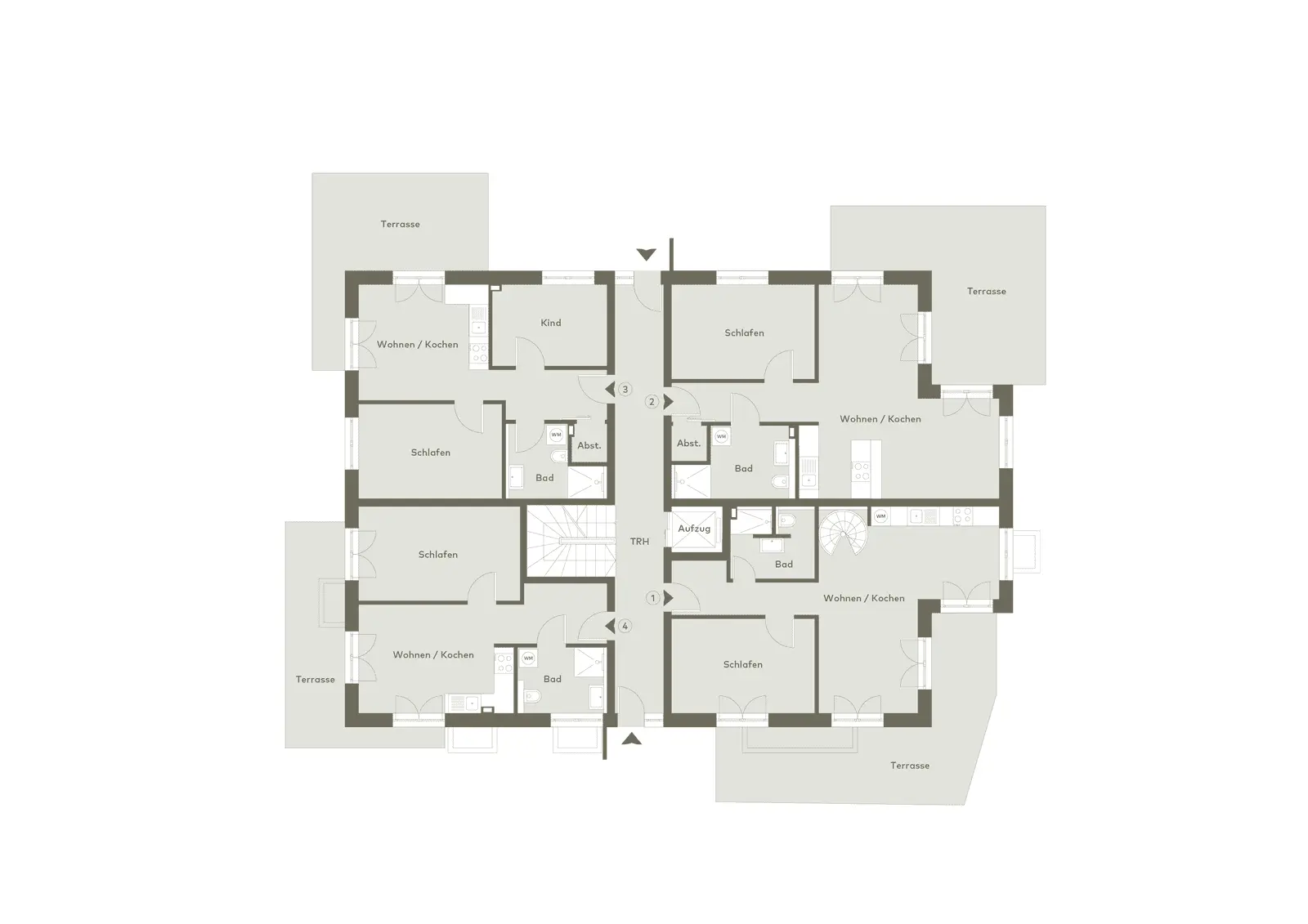 Architektonischer Grundriss eines Mehrfamilienhauses mit vier spiegelbildlichen Wohnungen, die jeweils über eine Terrasse, eine Küche, einen Wohnbereich, Schlafzimmer, Bäder und ein gemeinsames Treppenhaus verfügen.