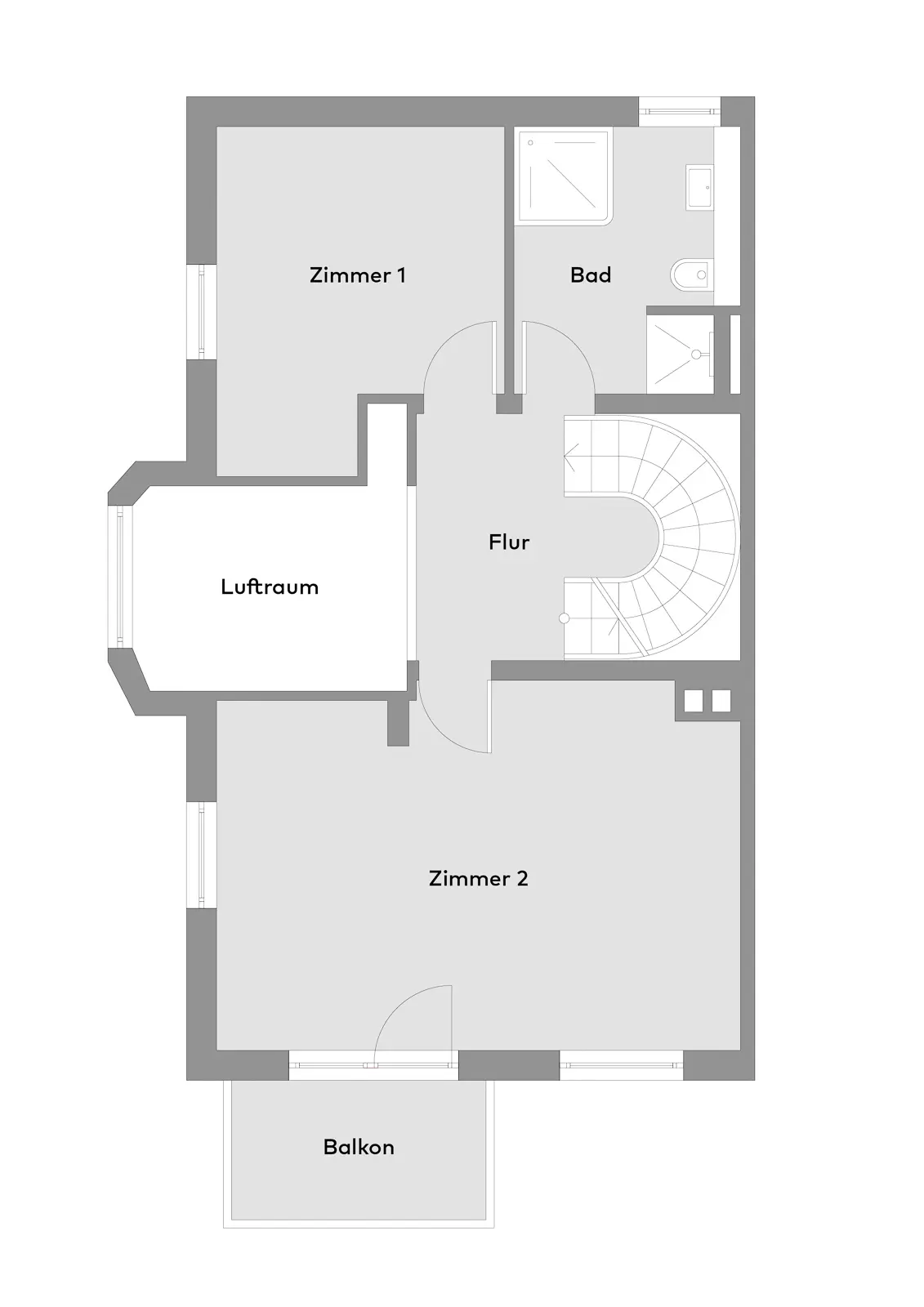 Grundriss mit zwei Zimmern, einem Badezimmer, einem zentralen Flur mit einer geschwungenen Treppe, einem offenen Luftraum und einem Balkon.