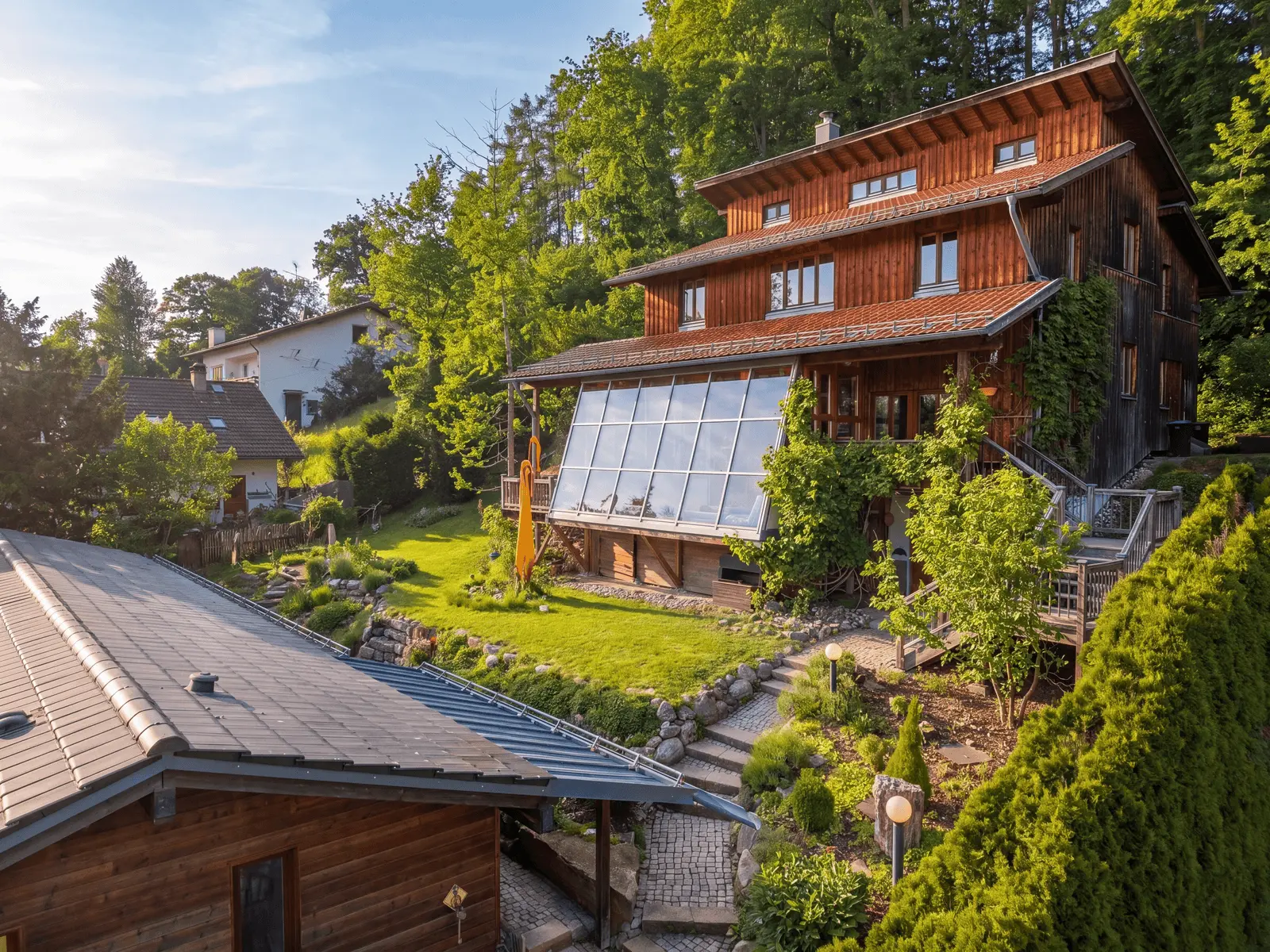 Ein großes Holzhaus mit einer schrägen Glasfassade, umgeben von Grün und Bäumen, steht auf einem begrünten Hügel neben einem Nebengebäude und gepflasterten Wegen.