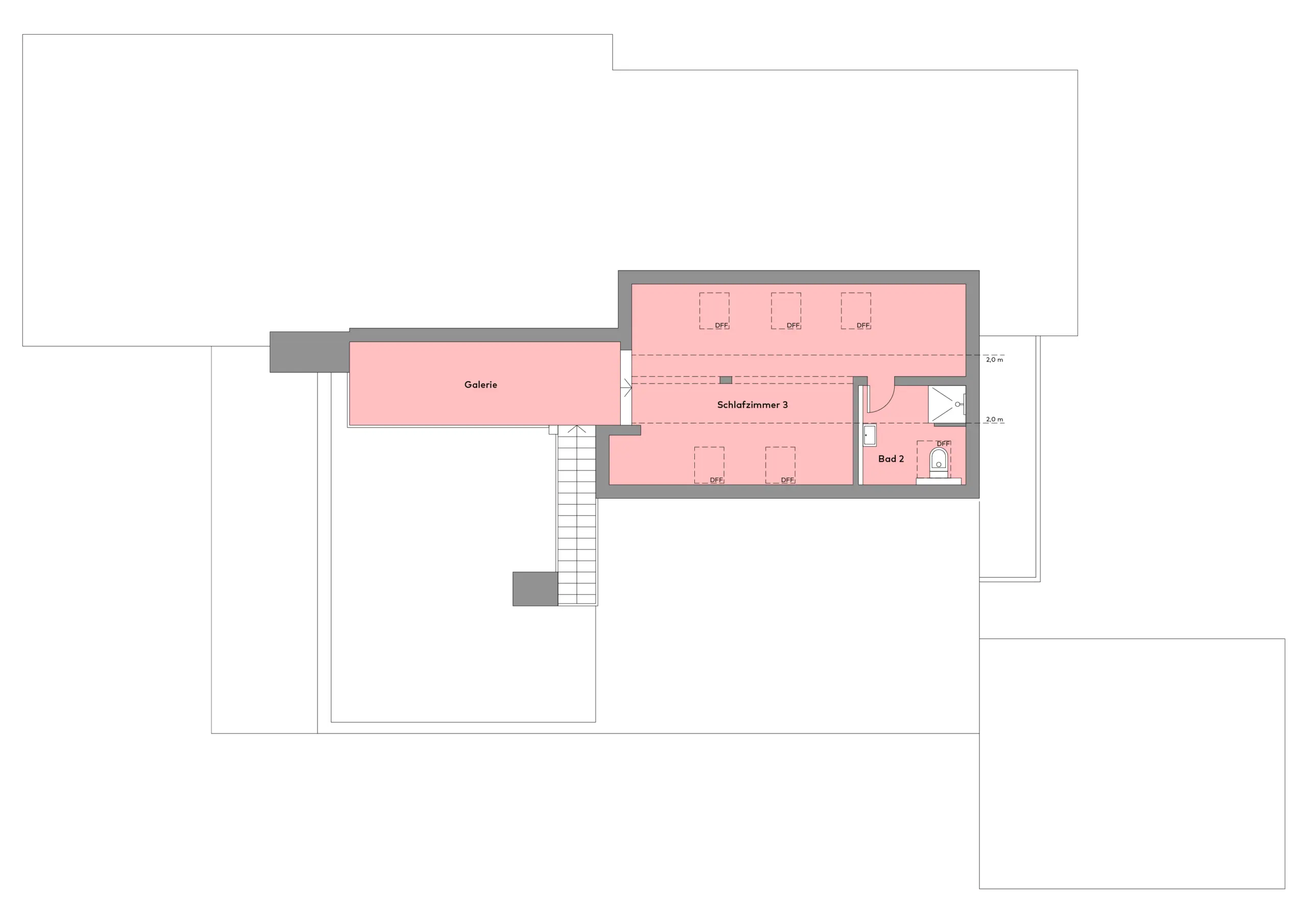 Architektonischer Grundriss mit Galerie, Schlafzimmer mit sechs Betten, Bad, zwei Waschbecken und Treppenzugang im Obergeschoss; hervorgehobene Bereiche kennzeichnen wichtige Räume.