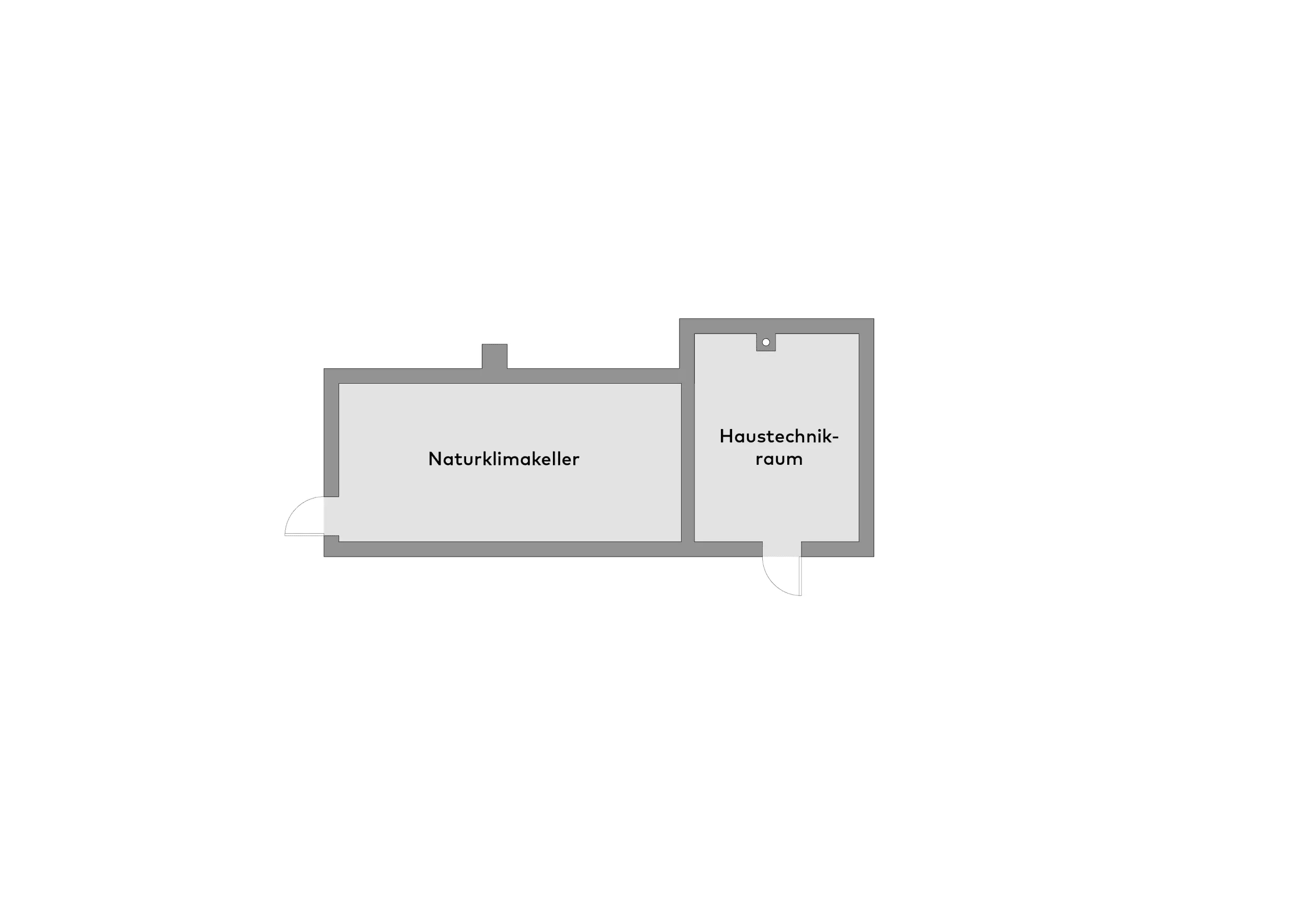 Einfacher Grundriss mit zwei miteinander verbundenen Räumen, die mit "Naturklimakeller" und "Haustechnikraum" bezeichnet sind, jeweils mit einer Tür.