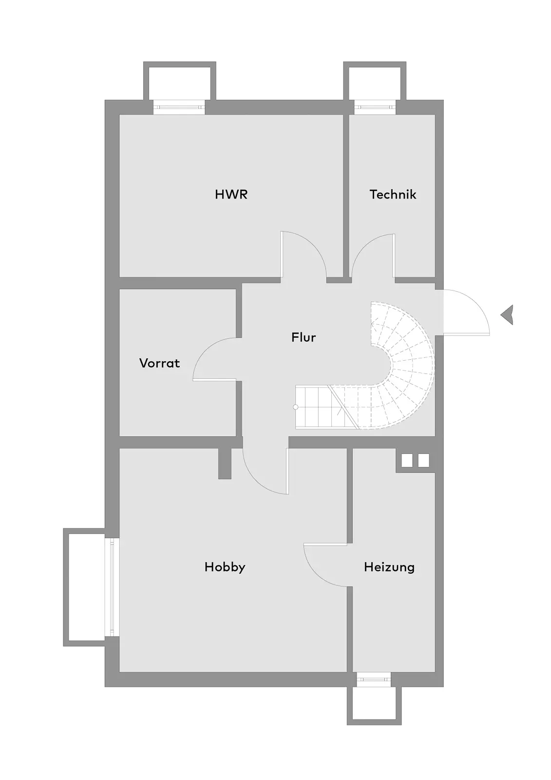 Grundriss eines Untergeschosses mit einem zentralen Flur, einer Treppe und vier Räumen mit den Bezeichnungen „HWR“, „Technik“, „Vorrat“, „Hobby“ und „Heizung“.