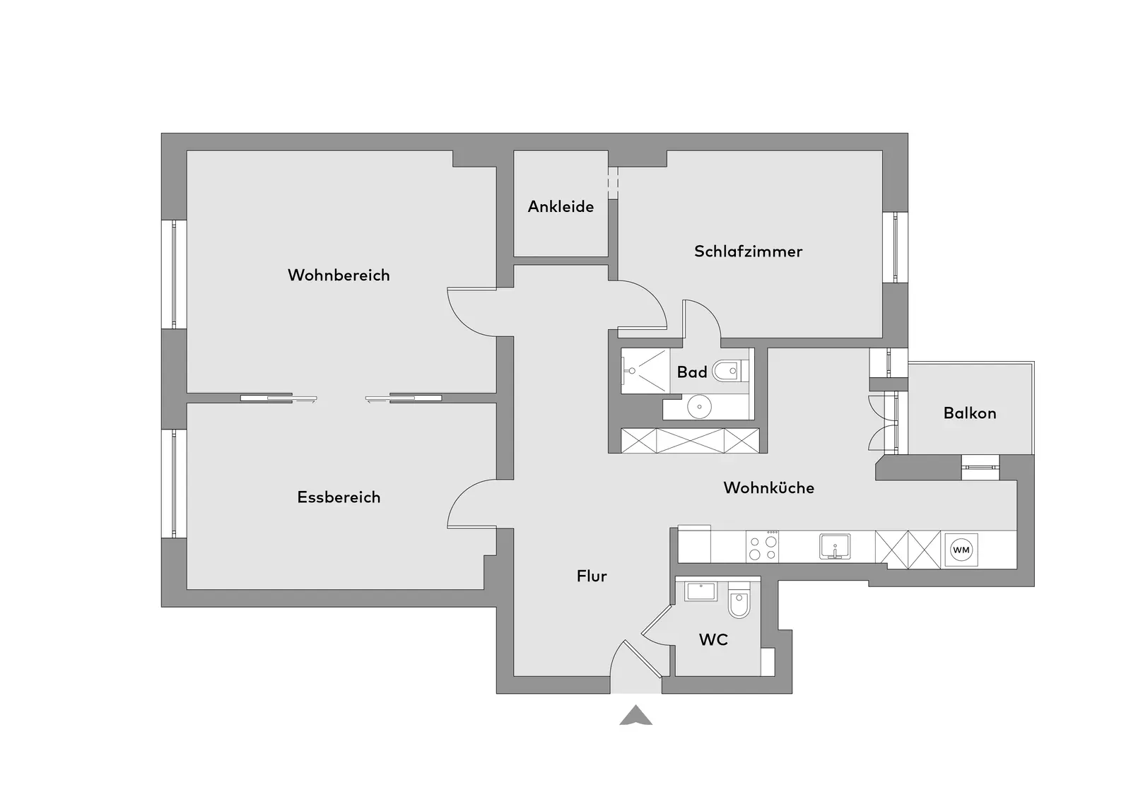 Grundriss einer Wohnung mit beschrifteten Räumen: Wohnbereich, Essbereich, Diele, Garderobe, Schlafzimmer, Bad, Wohnküche, WC und Balkon.