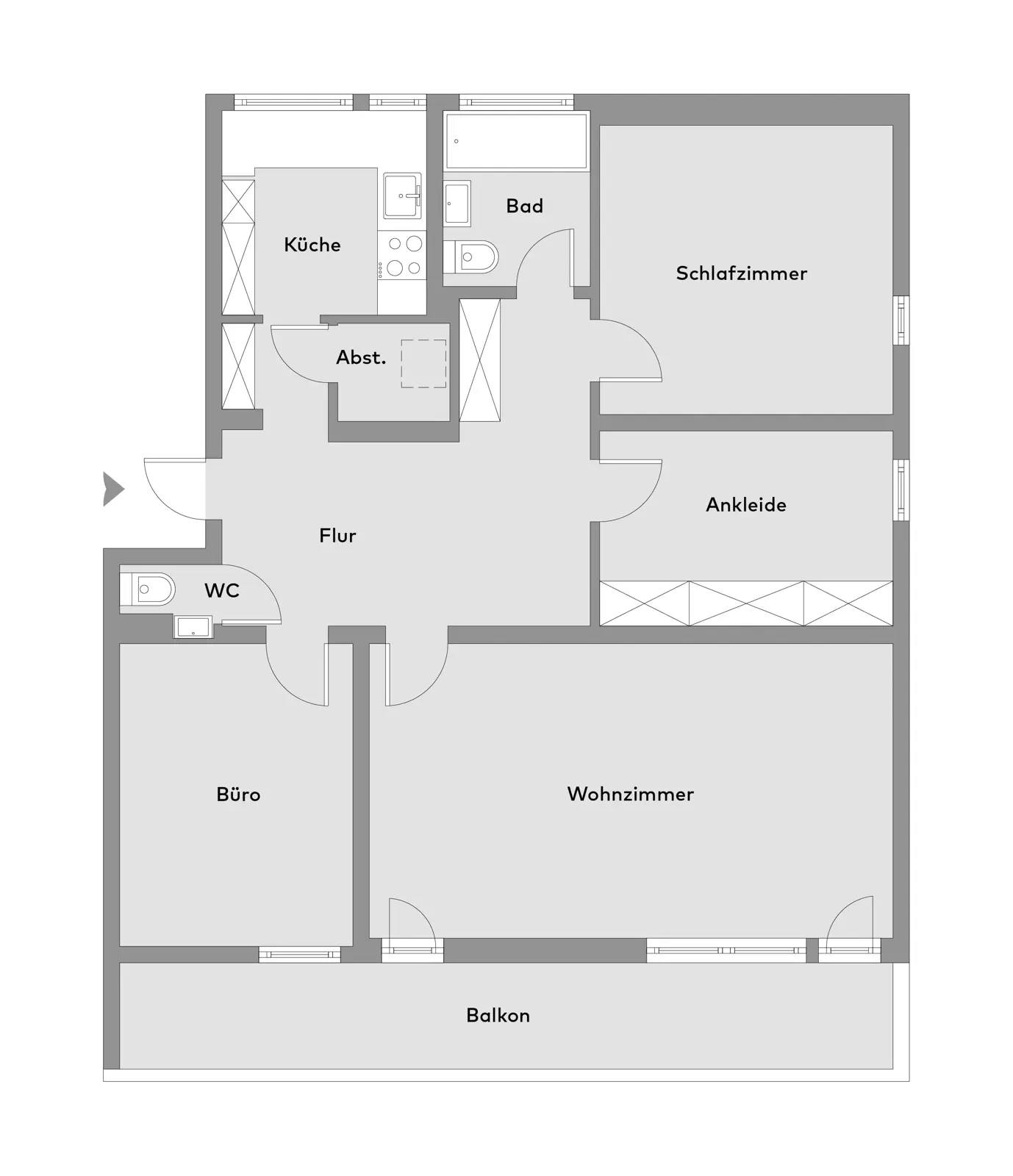 Schwarz-weißer Grundriss einer Wohnung mit beschrifteten Räumen: Küche, Bad, Schlafzimmer, Abstellraum, Flur, WC, Büro, Ankleidezimmer, Wohnzimmer und Balkon.