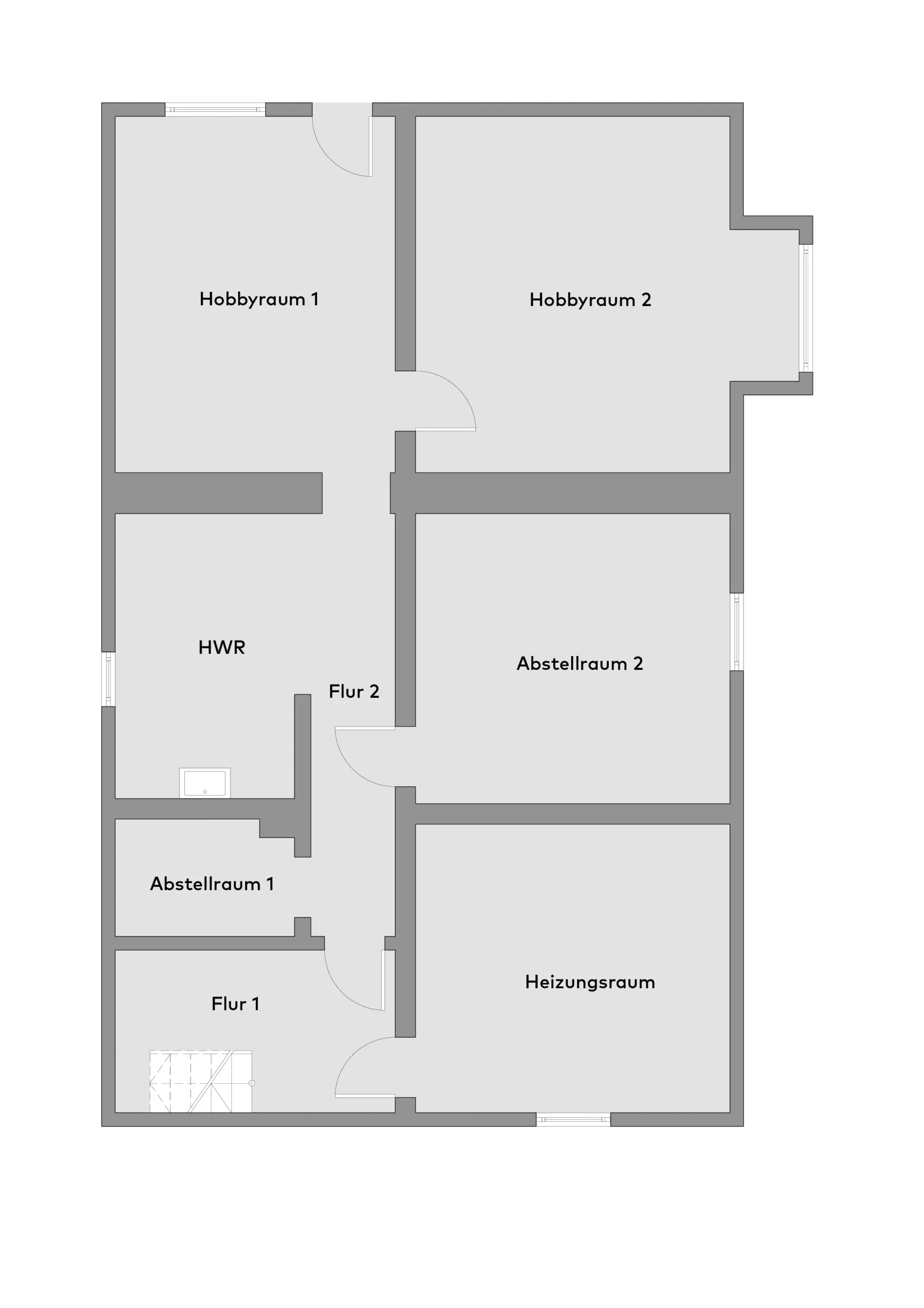 Grundriss mit deutscher Beschriftung, der sechs Räume zeigt: zwei Hobbyräume, zwei Abstellräume, einen Hauswirtschaftsraum, einen Heizungsraum und zwei Flure. Die Raumaufteilung und die Anordnung der Türen sind deutlich angegeben.