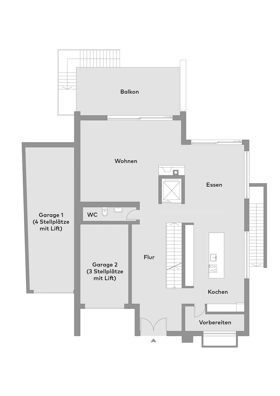 Grundriss des Erdgeschosses mit Wohnzimmer, Essbereich, Küche, Flur, WC, Balkon und zwei Garagen mit Fahrzeughebebühnen.