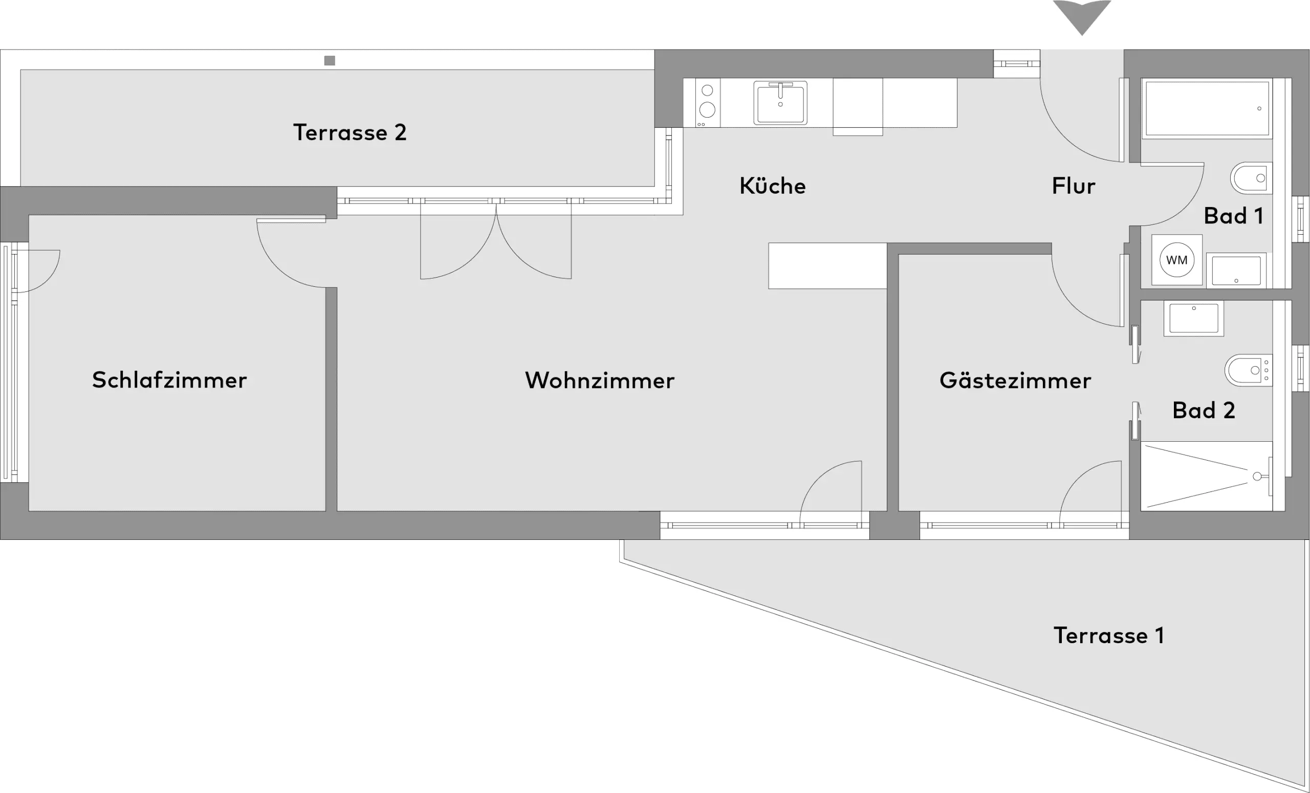 Grundriss einer Wohnung mit Wohnzimmer, Küche, zwei Badezimmern, Schlafzimmer, Gästezimmer, Flur und zwei Terrassen mit den Bezeichnungen Terrasse 1 und Terrasse 2.