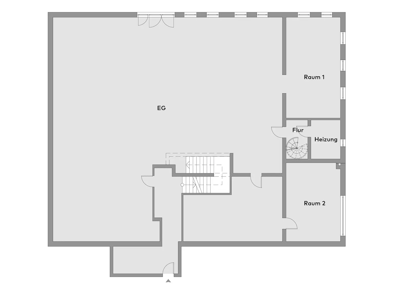 Ein Grundriss mit der Bezeichnung EG zeigt einen großen Hauptbereich, zwei Räume mit der Bezeichnung Raum 1 und Raum 2, einen Flur, einen Heizungsraum, eine Treppe und Außentüren.