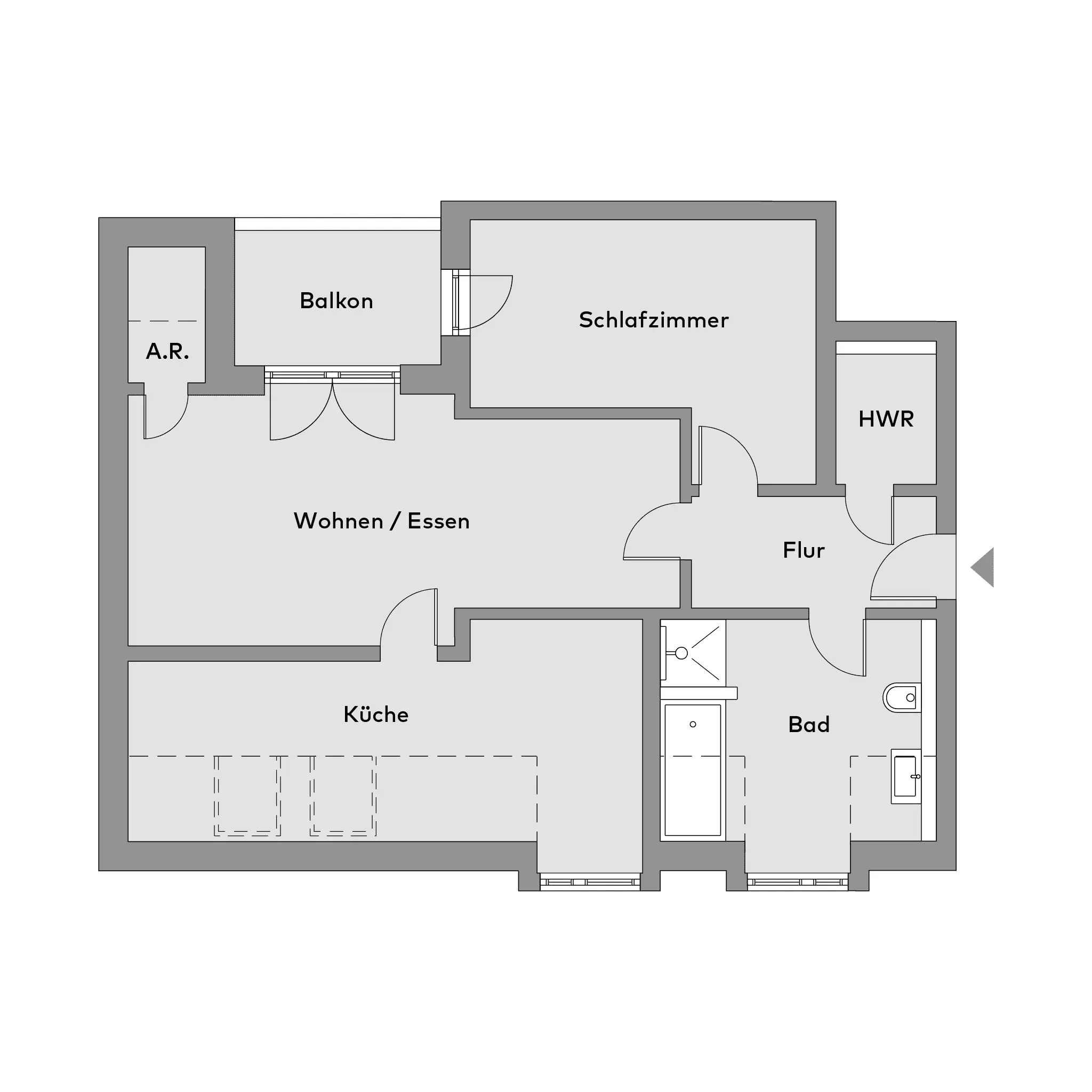 Grundriss einer Wohnung mit beschrifteten Räumen: Küche, Wohn-/Essbereich, Schlafzimmer, Bad, Diele, Hauswirtschaftsraum (HWR), Abstellraum (A.R.) und Balkon.