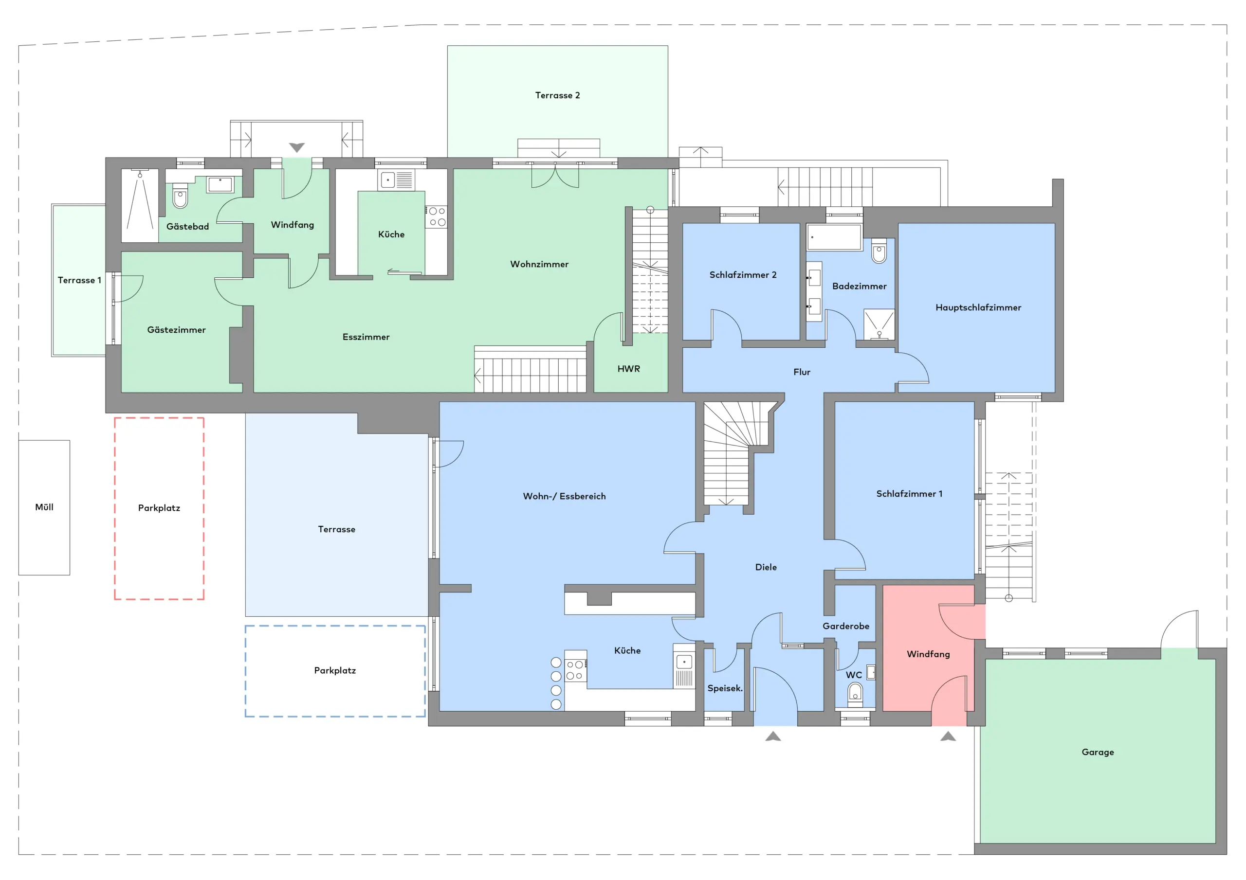 Grundriss eines einstöckigen Hauses mit beschrifteten Räumen, darunter Schlafzimmer, Küchen, Wohn- und Essbereiche, Badezimmer, Terrassen, eine Garage und Parkplätze.