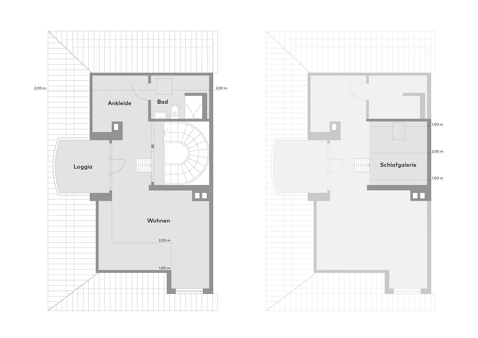 Grundrisse für zwei Etagen eines Hauses, auf denen links der Wohnbereich und die Loggia sowie rechts eine Schlafgalerie zu sehen sind.