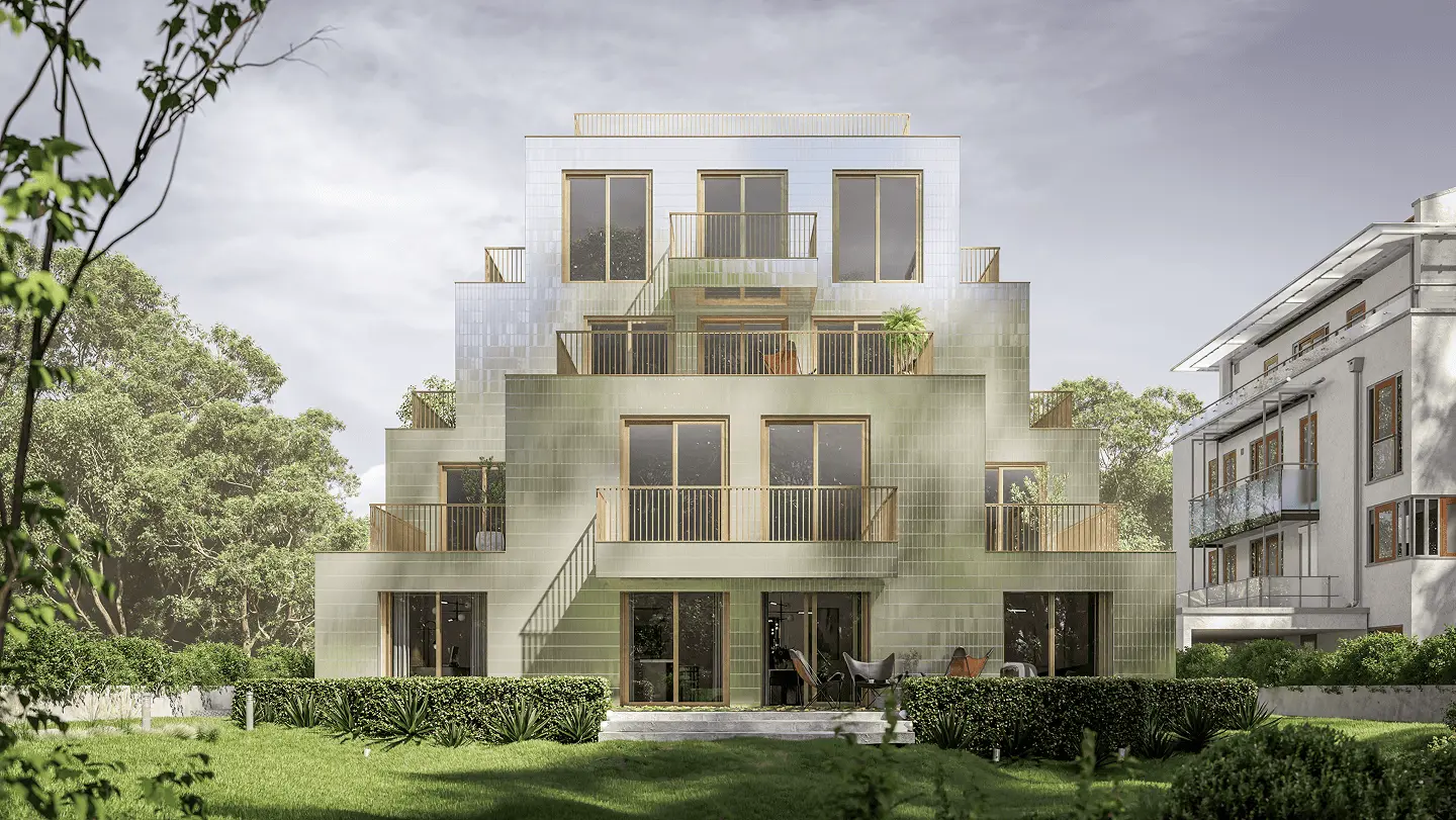 Ein modernes, abgestuftes Wohnhaus mit großen Glasfenstern und Balkonen, umgeben von Grün, neben einem ähnlichen Wohngebäude unter einem bewölkten Himmel.