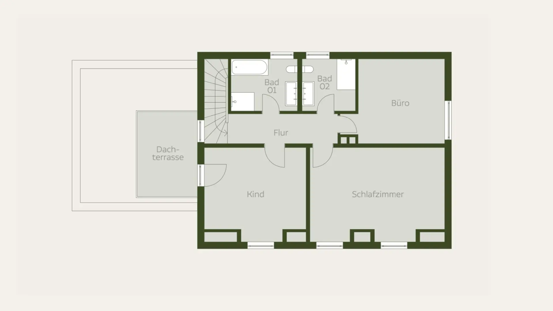 Grundriss mit Aufteilung und beschrifteten Räumen: Büro, Schlafzimmer, Kind, zwei Badezimmer (Bad 01, Bad 02), Flur und Dachterrasse.