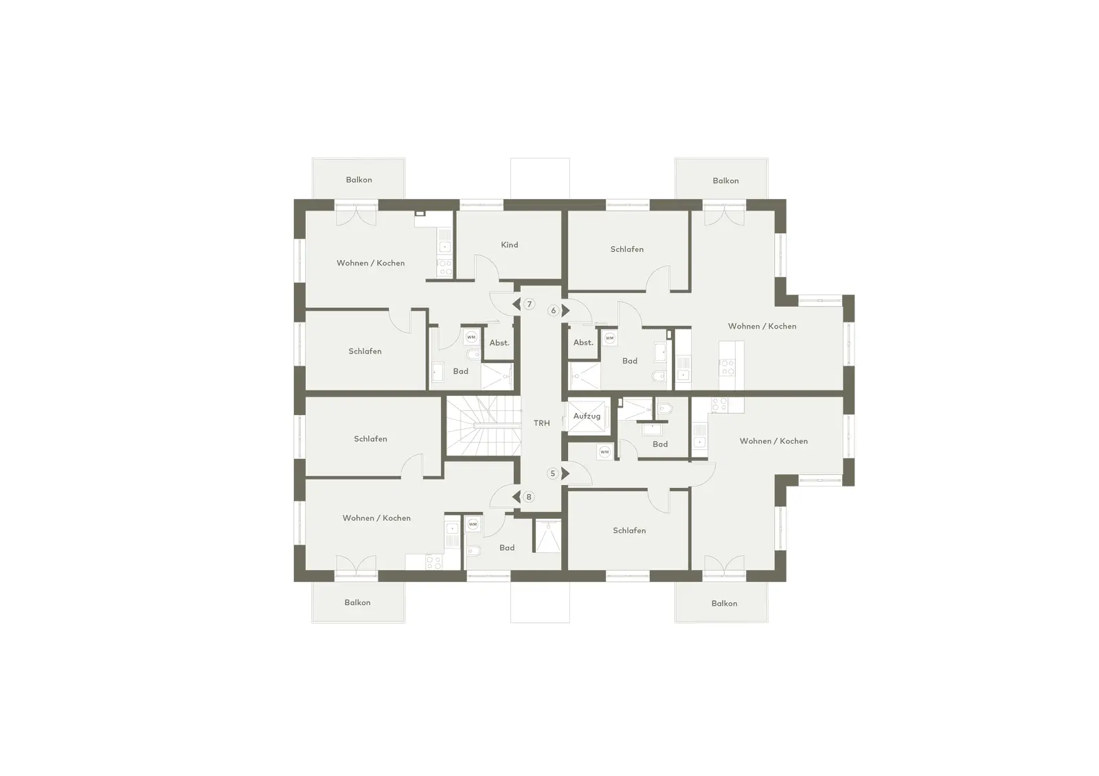 Architektonischer Grundriss mit vier identischen Wohnungen, jeweils mit Wohn-/Küchenbereich, Schlafzimmer, Bad, Abstellraum und Balkon, symmetrisch um ein zentrales Treppenhaus und einen Aufzug angeordnet.