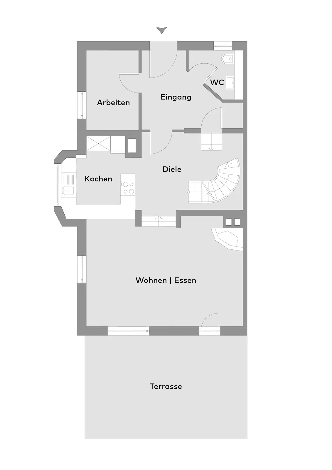 Grundriss des Erdgeschosses mit Eingang, Büro, Küche, Wohn- und Essbereich, Toilette, Treppe und Terrasse.