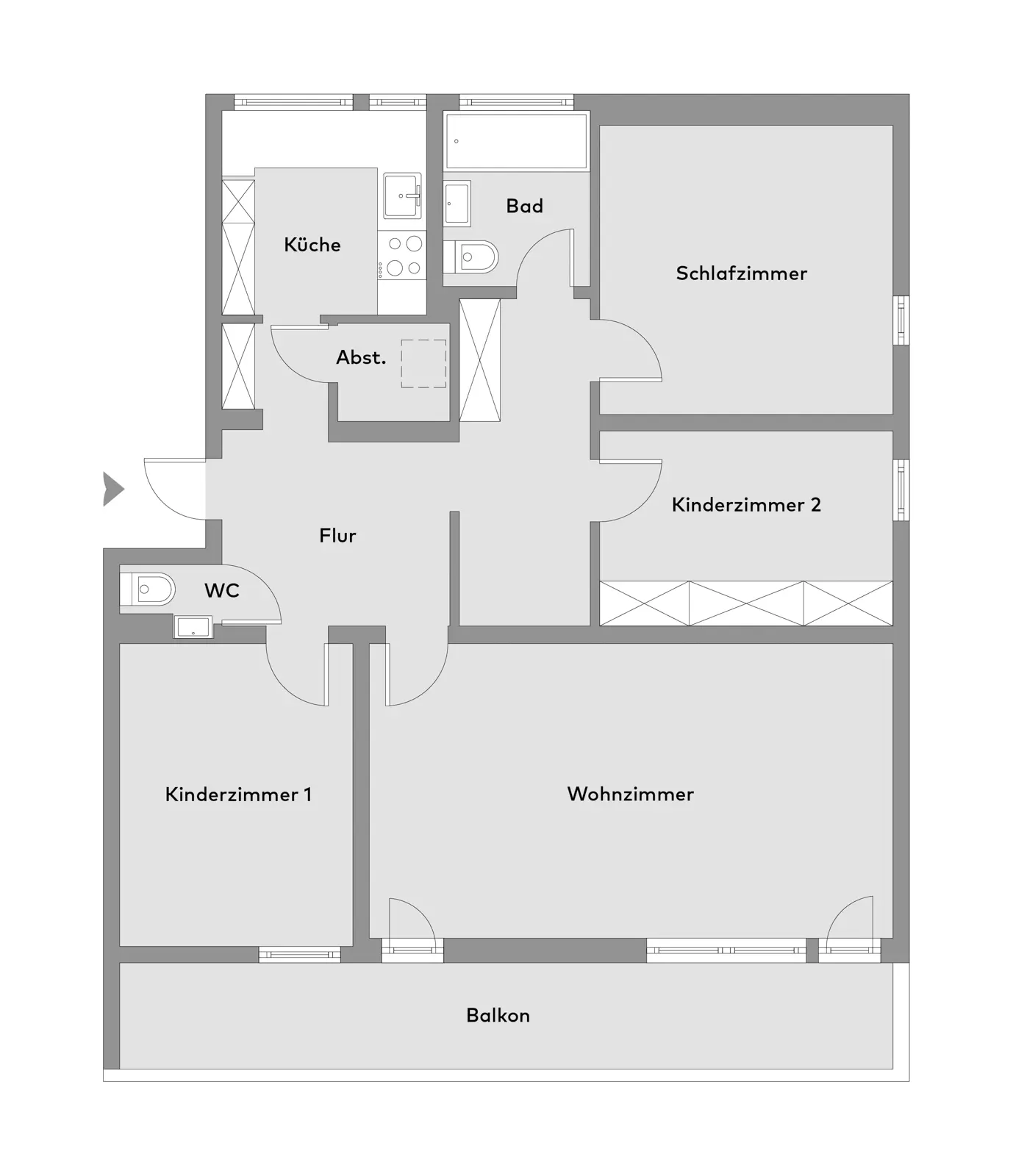 Schwarz-weißer Grundriss einer Wohnung mit beschrifteten Räumen: Küche, Bad, Schlafzimmer, Kinderzimmer 1 und 2, Wohnzimmer, WC, Abstellraum, Flur und Balkon.
